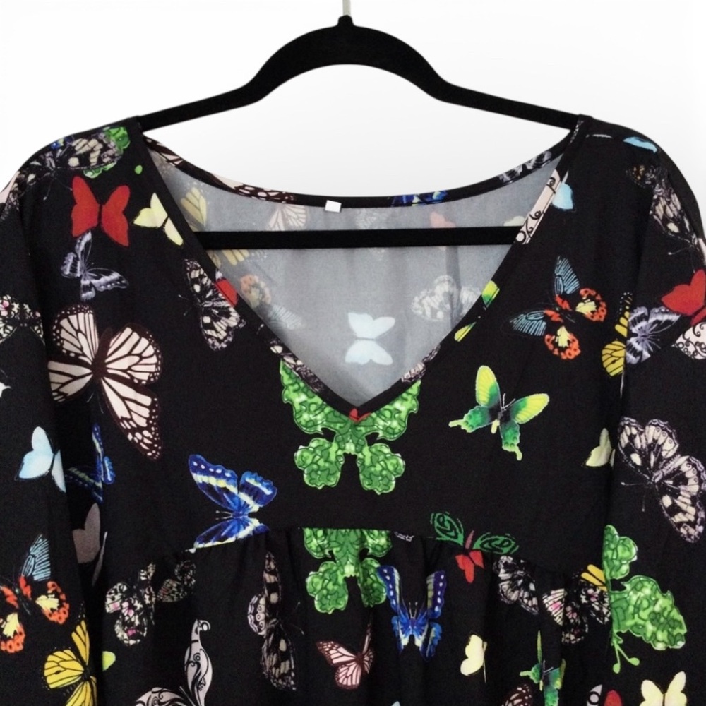Colorful Butterfly Print Black Mini Dress – Long Sleeve V‑Neck, Size L/XL, NWOT - Picture 4 of 12